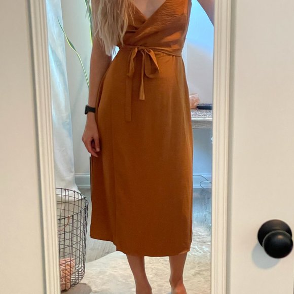 Frank & Oak Satin Velvet Mini Wrap Dress - Sandy Brown - Picture 5 of 5